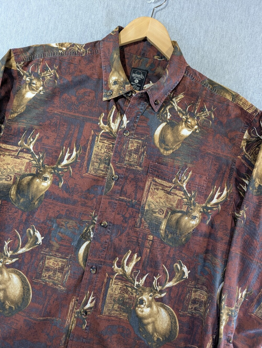 Vintage RedHead All Over Deer Print Button Down Shirt Men's XL Brown Dark Red